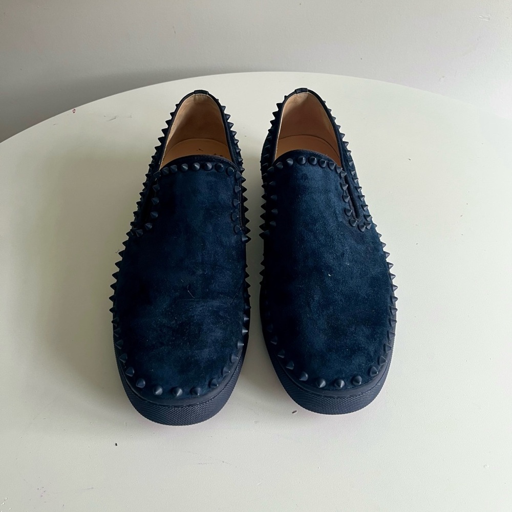 Christian Louboutin Pik Boat Navy Suede Spiked Sneakers Size 44